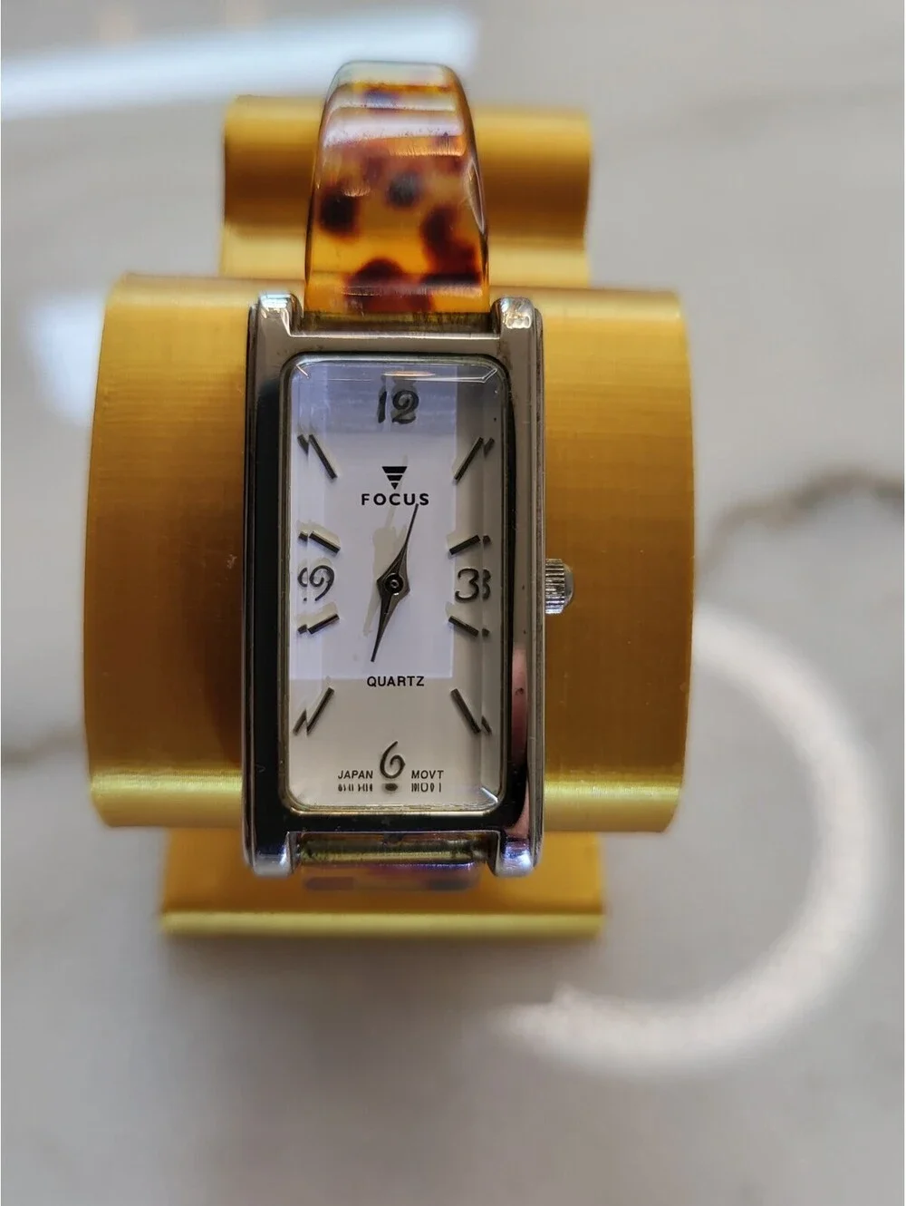 Vtg FOCUS Womens Watch SilverCase Bakelite Leopard Band JapanMvmt Working EUC 7